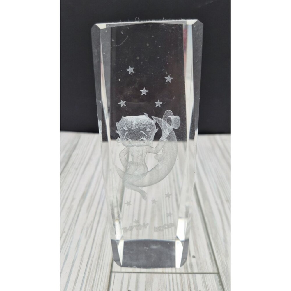 Betty Boop 3D Laser Crystal Paperweight Sitting on Star Framed Crescent Moon